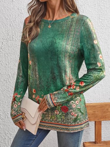 Long Sleeve Shirts for Women Casual Crewneck Tops Basic Tees (X-Large / Floralgreen)