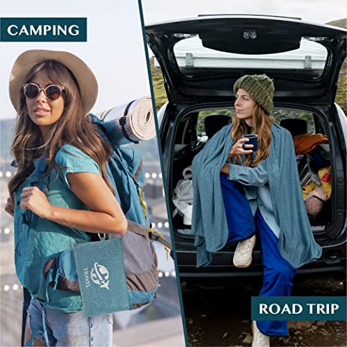 Travel Blanket Airplane Compact Pillow with Bag for Flights (Teal Blue / 65 x 40 inches)