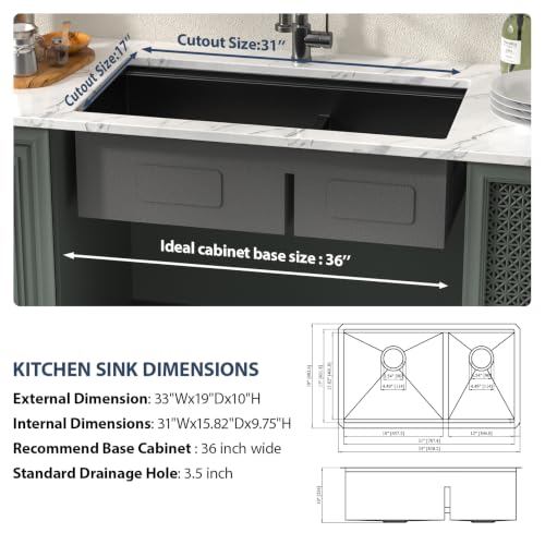 33 Inch Matte Black Double Bowl Kitchen Sinks Undermount (Matte Black-Workstation / 33''x19''-60/40)
