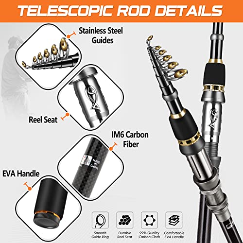 Collapsible Telescopic Fishing Rod Pole and Reel Combo Starter Kit (2PACK Full Kit with Carrier Case / 2.4m 7.87ft)