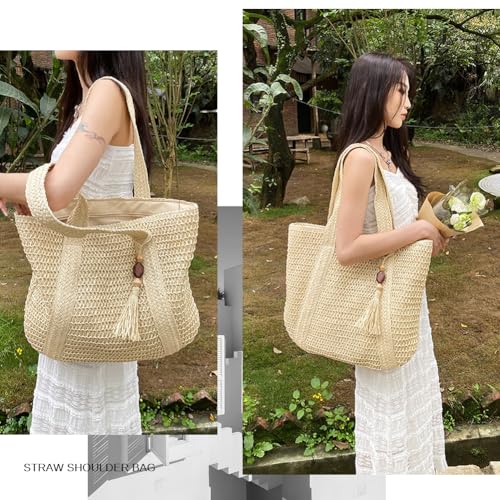 Straw Beach Bags for Women Summer Tote Bag Boho Shoulder Purse (D Beige)