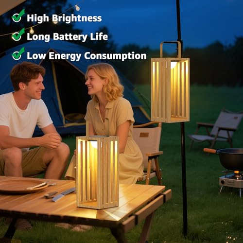 Solar Lantern Outdoor Waterproof IP44 Outside Lights LED for Patio Garden Decor Porch Yard Table Top Decorative (Wood)