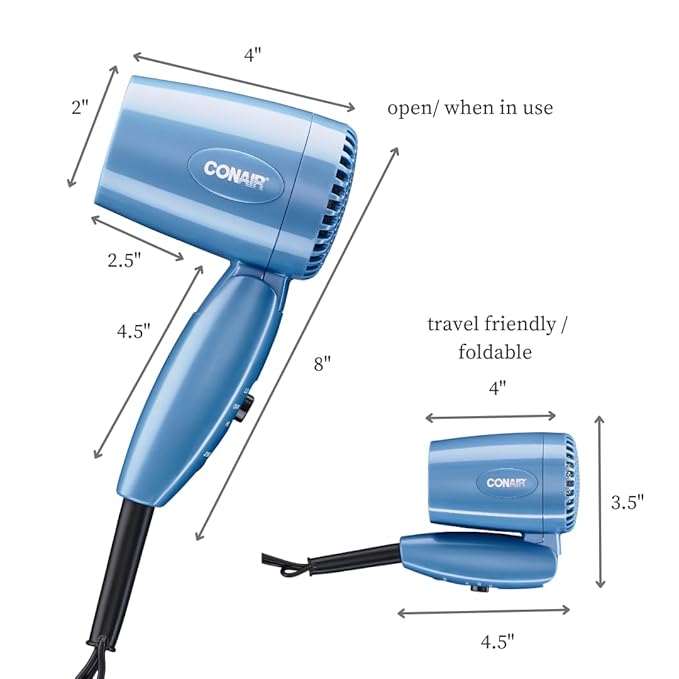 Conair Travel Hair Dryer with Dual Voltage, 1600W Compact Blow Dryer with Folding Handle, Blue (Pack of 4)