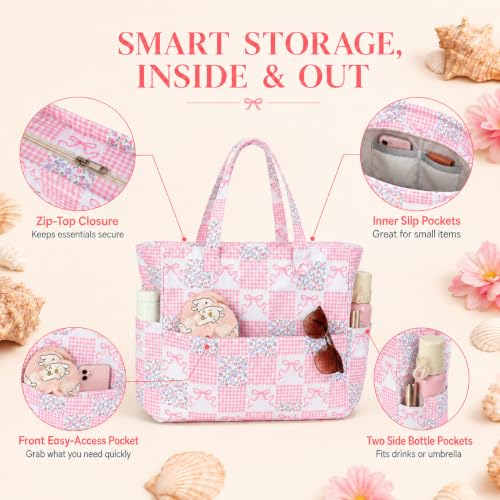Beach Bags for Women (Gingham Floral Bow)