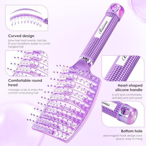 Hair Brush Set Curved Vented Brush Women Kids Curly Thick Fine Wet Dry Hair (Purple+ Vibrant pink)