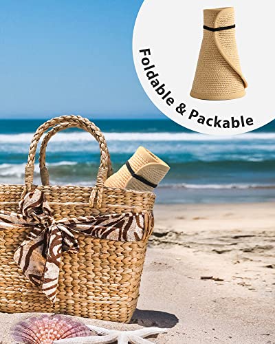 Womens Sun Hat with Ponytail Hole Wide Brim Beach Straw Visor (Medium / Mix Khaki With Black)