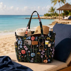 Waterproof Beach Tote Pool Bags for Women Ladies Extra Large Carry On Bag With Wet Compartment for Weekender Travel (Black Butterfly-floral)