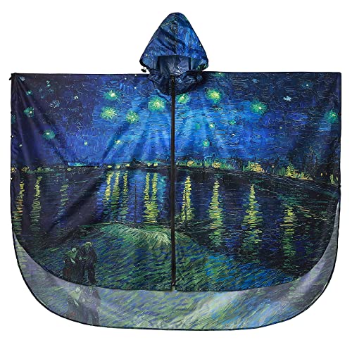 Adult Rain Poncho Waterproof Hooded Zipper Raincoat with Pockets (Starry Night Over the Rhone)