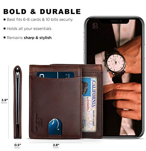 RFID Blocking Slim Bifold Genuine Leather Minimalist Front Pocket Wallets for Men with Money Clip Thin Gift (Texas Brown 1.S)