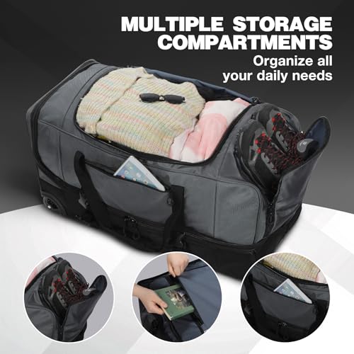 33" Large Rolling Travel Duffle Bag with Wheels and Handle (33" Black/Grey)