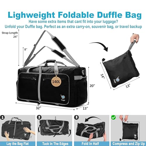 Travel Duffle Bag for Women & Men. Extra Large Foldable Duffel Bags (140L / Black)