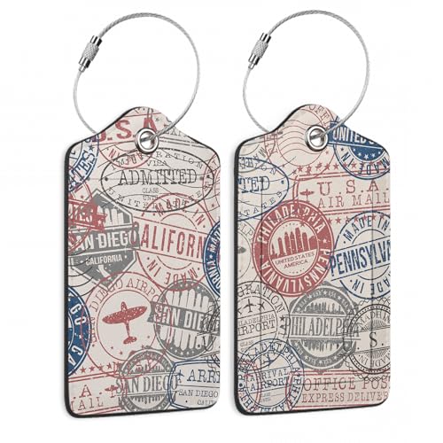 Set of 2 Luggage Tags for Suitcases (Passport Travel Stamps)