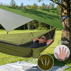 Camping Hammock with Rain Fly Tarp Mosquito Net Heavy Duty Tree Straps Portable Double Parachute Hammock Tent Waterproof Rainfly Set 660lbs Maximum Weight (Rain Fly Size：98.4x59in / Armygreen)