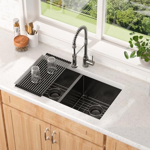 Double Bowl Black Kitchen Sink 16 Gauge Stainless Steel Undermount Kitchen Sinks Matte Gunmetal Black 50 (Gunmetal Black / 33''x19''-50/50)