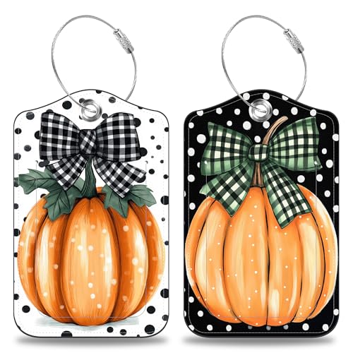 2 Pcs Pumpkin with Checkered Bow Luggage Tags for Suitcases Polka Dots PU Leather Baggage Tags Name ID Label with Privacy Cover and Stainless Steel Loop for Men Women Travel Bag Suitcase (Pumpkin With Checkered Bow)