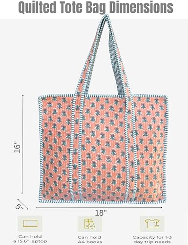 100% Cotton Quilted Tote Bag For Women (Peach Pearl Leaf Print)