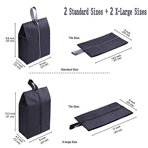 Travel Shoe Bags Set of 4 Waterproof Nylon with Zipper for Men & Women (4 Pack - Black)