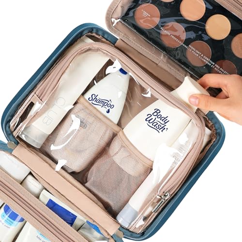 Travel Toiletry Bag for Women Hanging Organizer Makeup Case Pockets (Lake-Blue / Medium)