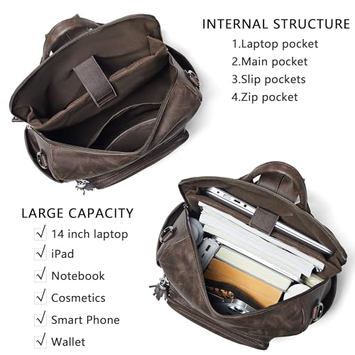 Vegan Leather Laptop Backpack for Women 15.6 inch Work Backpack Fashion Travel Backpack Purse for Business College (Nubuck Coffee)
