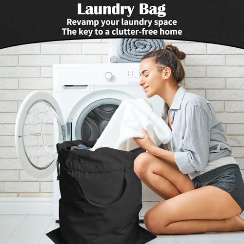 Heavy Duty Canvas Laundry Bag with Handles & Drawstring 30"Wx35"H (Black,L+ / L+ 30"Wx 35"H┃1 Pack)