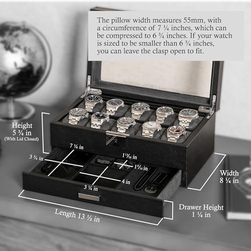 10 Slot Watch Box in Leather with Valet Drawer (Black/Grey)