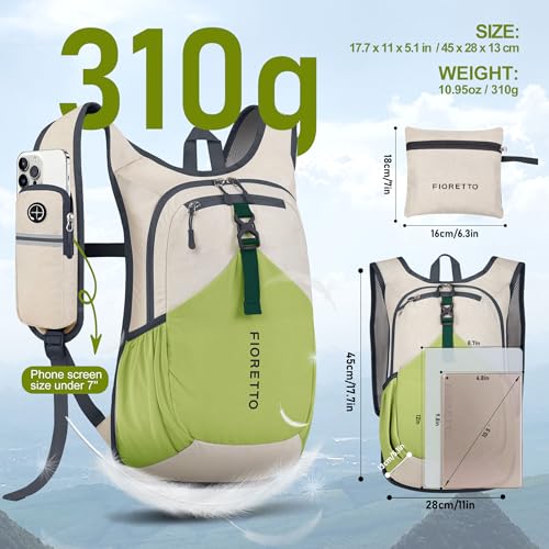 15L Hiking Backpack for Men Women Lightweight Foldable Small Daypack for Travel Camping Outdoor (Beige and Green / 15l)