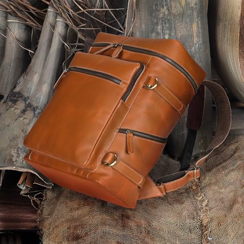 Leather Tan Backpack For Men Genuine Laptop Rucksack For Men Women Genuine Leather Vintage Large Capacity Business Retro Travel Camping Daypack (Tan)