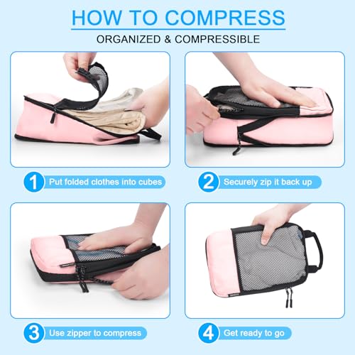 4 PCS Set Compression Packing Cubes for Travel (4 Set / Pink)