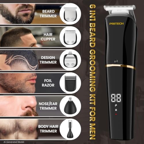 6-in-1 Men's Grooming Kit, Cordless Beard Trimmer, Hair, Nose & Ear (Black)