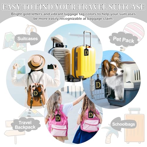 Personalized Initial Luggage Tags for Suitcase TSA Approved (Black Leather,glod Letter / D)