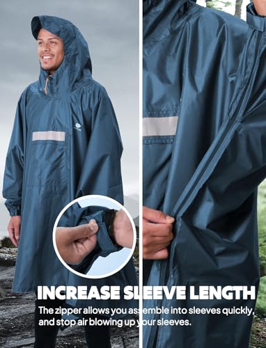 Hooded Rain Poncho for Adult Waterproof Lightweight Raincoat (Z-sea Blue(with Zipper))