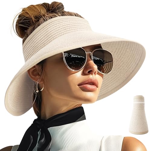 Sun Visor Hats for Women Wide Brim Straw Packable Beach Hat Beige (Beige)