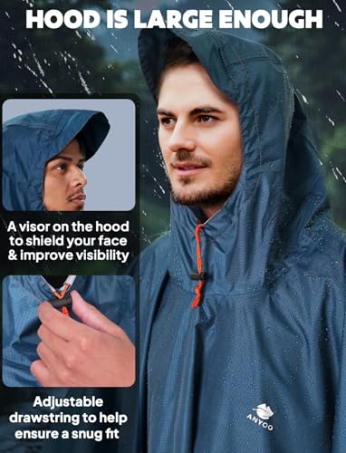 Hooded Rain Poncho for Adult Waterproof Lightweight Raincoat (Z-sea Blue(with Zipper))