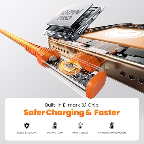 100W Right Angle Fast Charging USB C Cable (10+10FT / Orange)