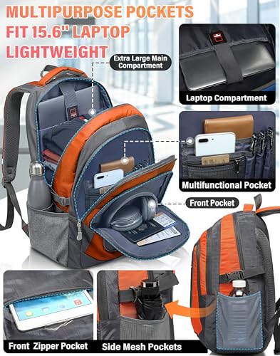 Backpack Bookbag for College Sturdy Travel Business Hiking Fit Laptop Up to 15.6 Inch Multi Compartment Gifts for Men Women Night Light Reflective (15.6 Inch / Orange)