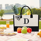 Embroidery Initial Canvas Tote Bag (Black & White / D)