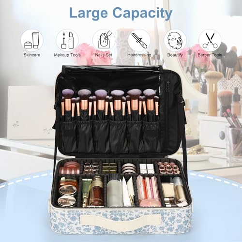 Makeup Case Large Makeup Bag Professional Train Case Travel Cosmetic Organizer Brush Holder Waterproof Makeup Artist Storage Box (Large / Floral Print)