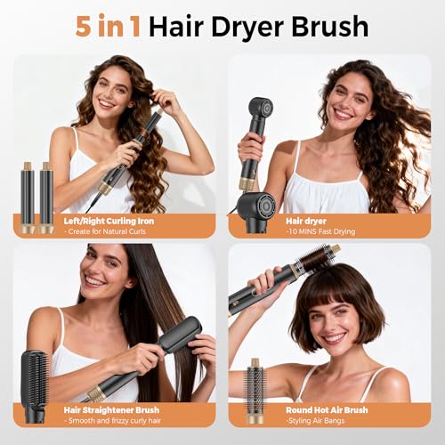 5-in-1 Hot Air Styler & Blow Dryer Brush Set - 700W Gentle Temperature Hair Multi-Styler with Auto-Wrap Curlers & Round Brush for Fine, Thin, or Damaged Hair, 100-120V US Outlet Only (Black Gold)