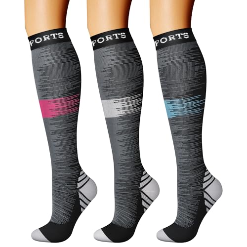 Compression Socks for Women & Men Circulation (Large-X-Large / 21 Strip-pink/Grey/Cyan)