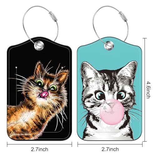 2 Pack Luggage Tags for Suitcases Travel Bag with Name Label Stainless Loop (Cute Cat)