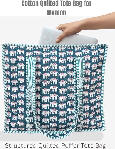 100% Cotton Quilted Tote Bag For Women (Orient Elephant)