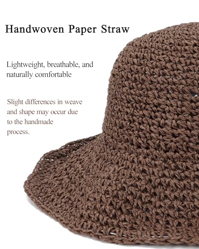 Womens Crochet Straw Sun Hat Foldable Floppy Wide Brim Beach Hat for Summer (One Size / Coffee)