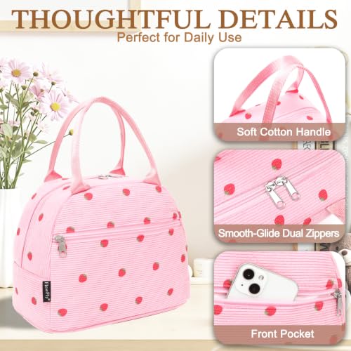 Insulated Lunch Bag for Women (Corduroy Strawberries RoseRed)