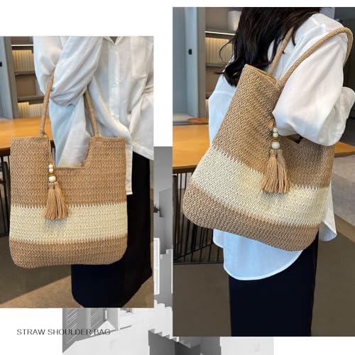 Straw Beach Bags for Women Summer Tote Bag Boho Shoulder Purse (A Khaki)