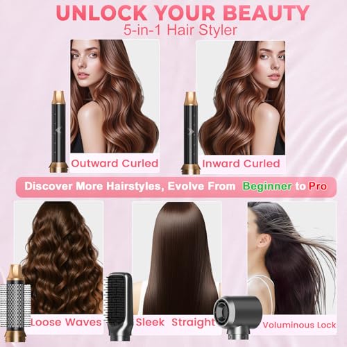 5-in-1 Hot Air Styler, Hair Dryer Brush with Auto-Wrap Curlers (Charcoal)