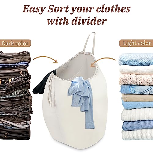 87L Washable Laundry Bag with Handles (Beige with Divider)
