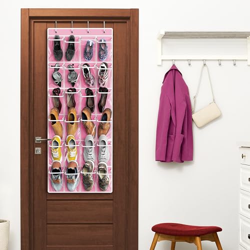 24 Pockets Large Clear Over the Door Shoe Organizer (Extra Large Pockets / Pink)