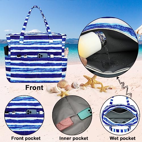 Waterproof Beach Tote Pool Bags for Women Ladies Extra Large Gym Tote Carry On Bag With Wet Compartment for Weekender Travel (Blue White Stripes)