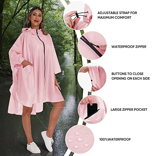 Rain Poncho for Adults with Zipper (One Size / Pink)