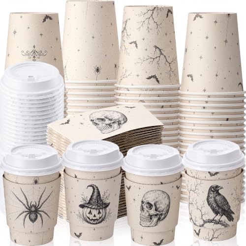 100 Sets 8 oz Halloween Disposable Coffee Cups with Lid and Sleeve (Spider)